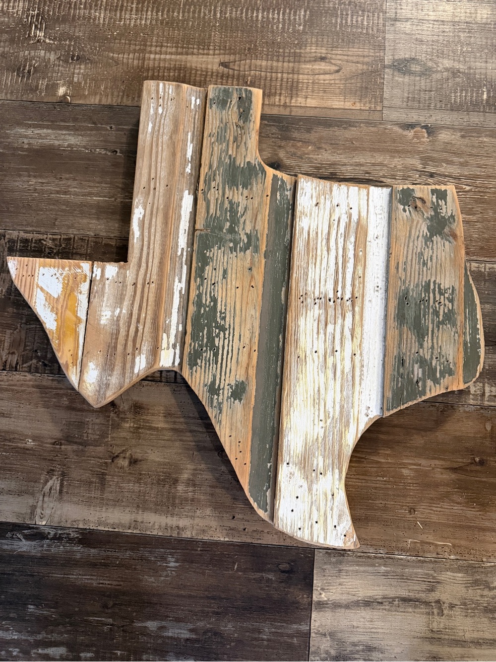 Heavy Rustic Texas State Wooden Wall Art - Green, White, Natural